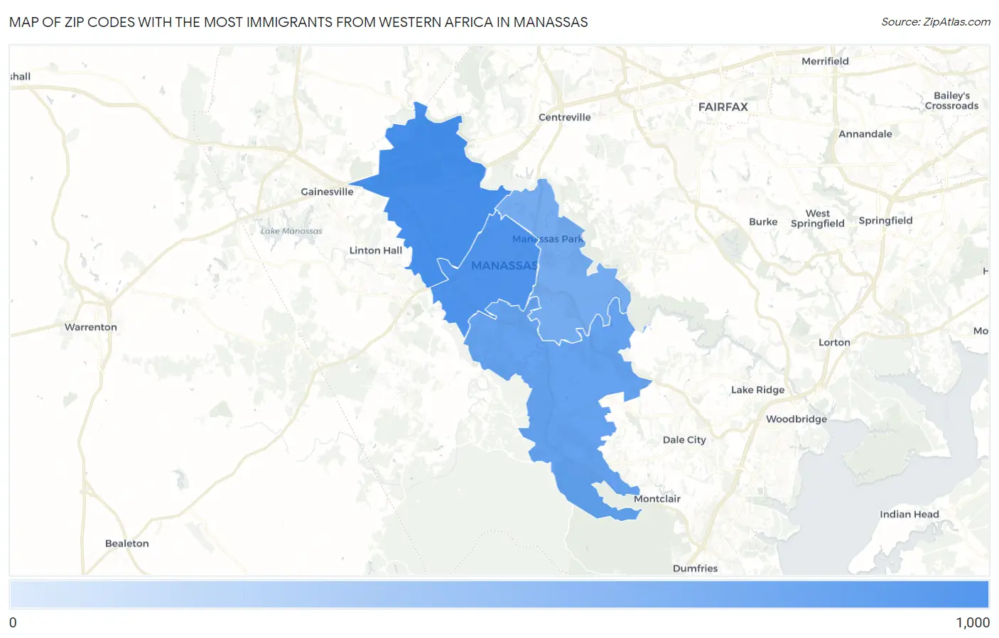 Zip Codes with the Most Immigrants from Western Africa in Manassas Map