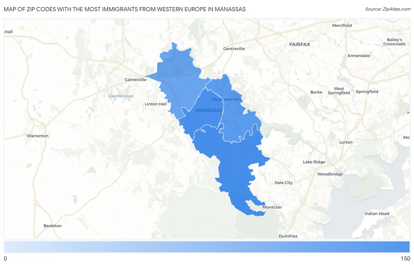 Zip Codes with the Most Immigrants from Western Europe in Manassas Map