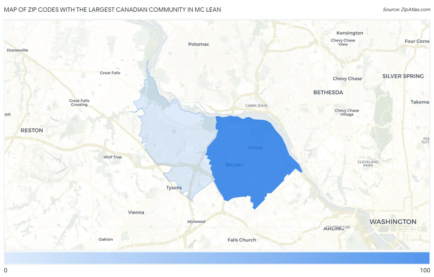 Zip Codes with the Largest Canadian Community in Mc Lean Map