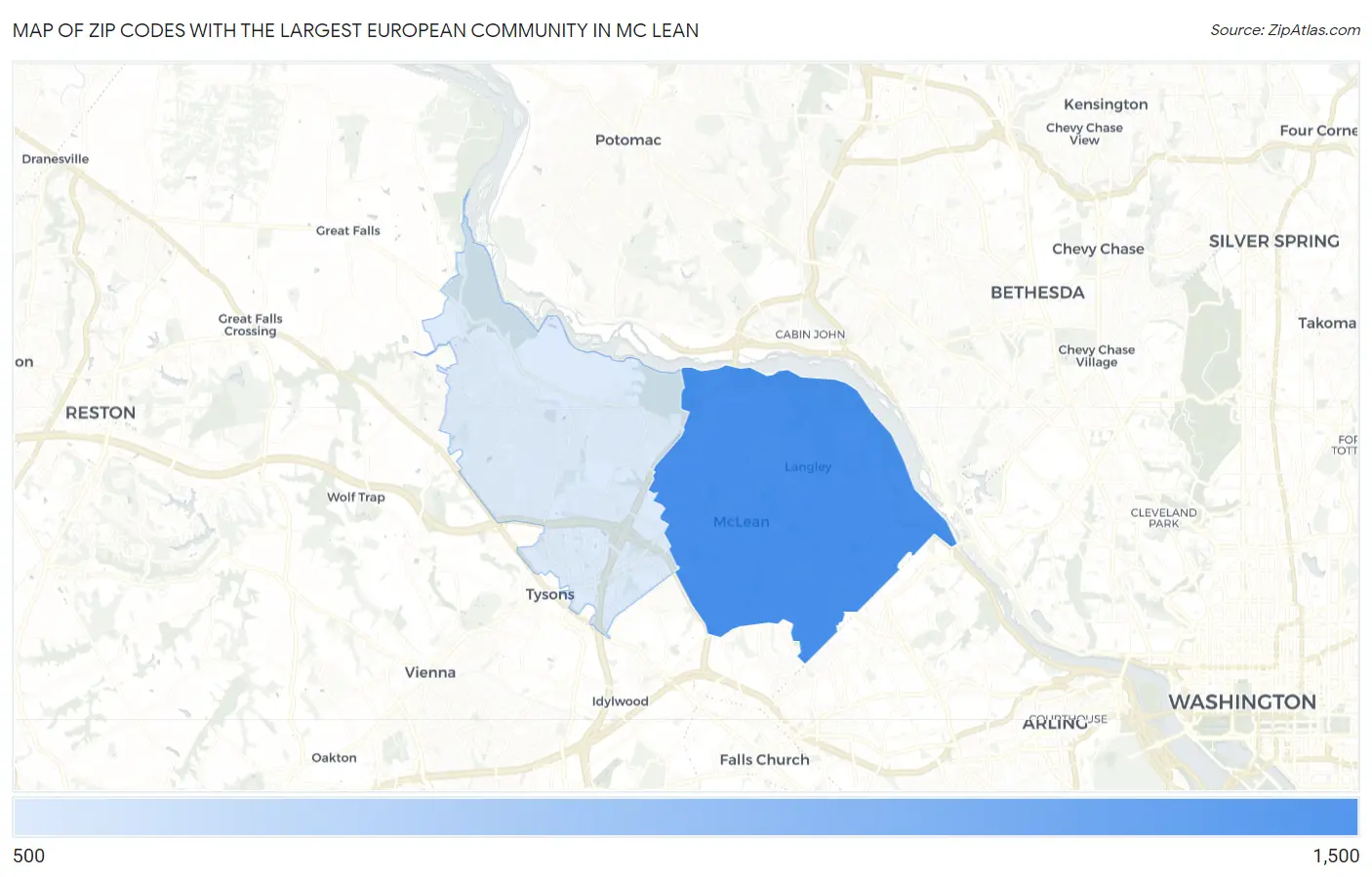 Zip Codes with the Largest European Community in Mc Lean Map