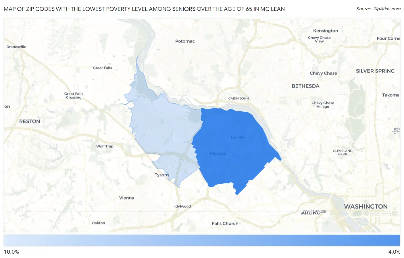 Zip Codes with the Lowest Poverty Level Among Seniors Over the Age of 65 in Mc Lean Map