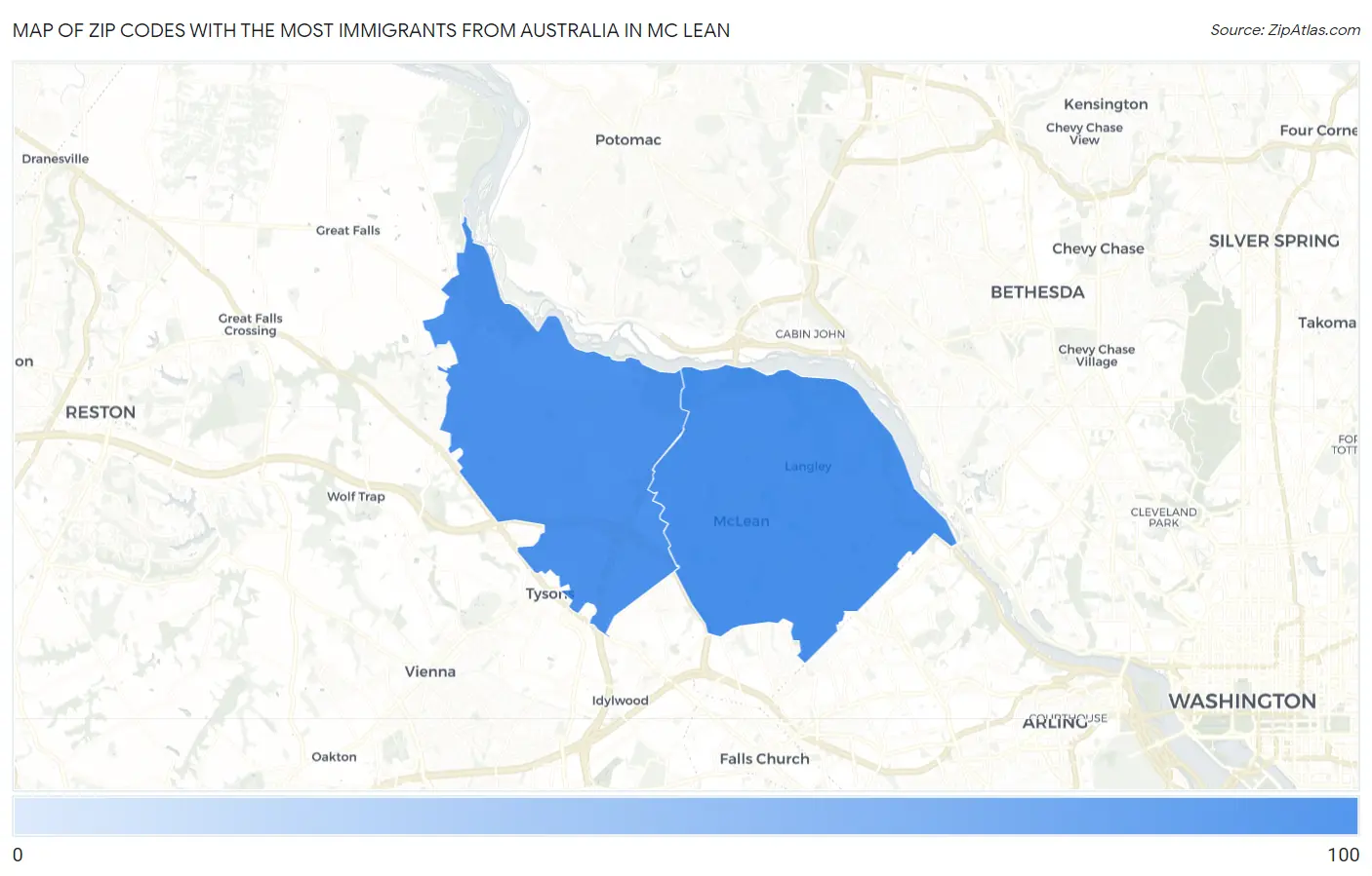 Zip Codes with the Most Immigrants from Australia in Mc Lean Map