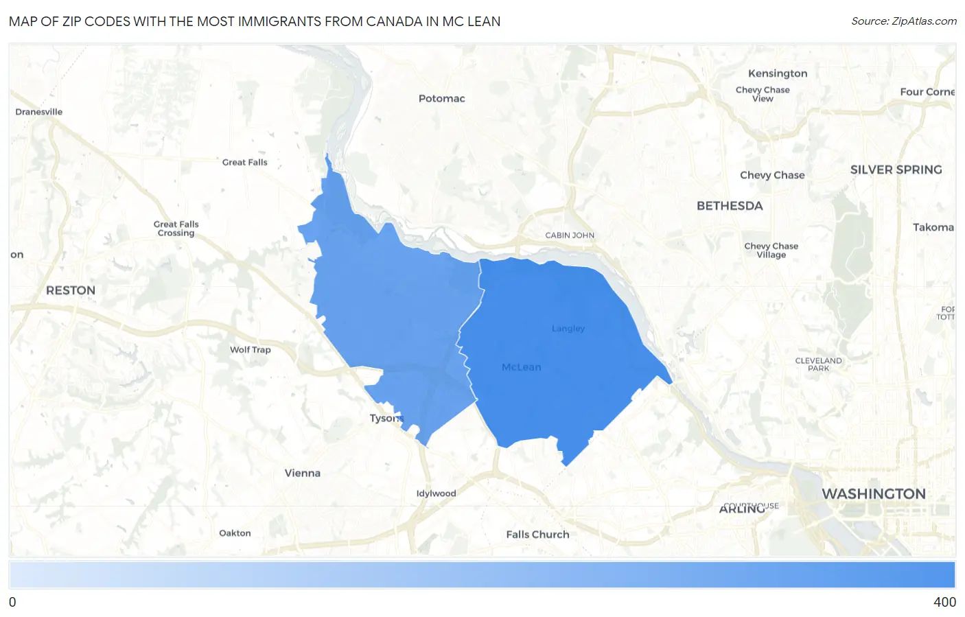 Zip Codes with the Most Immigrants from Canada in Mc Lean Map
