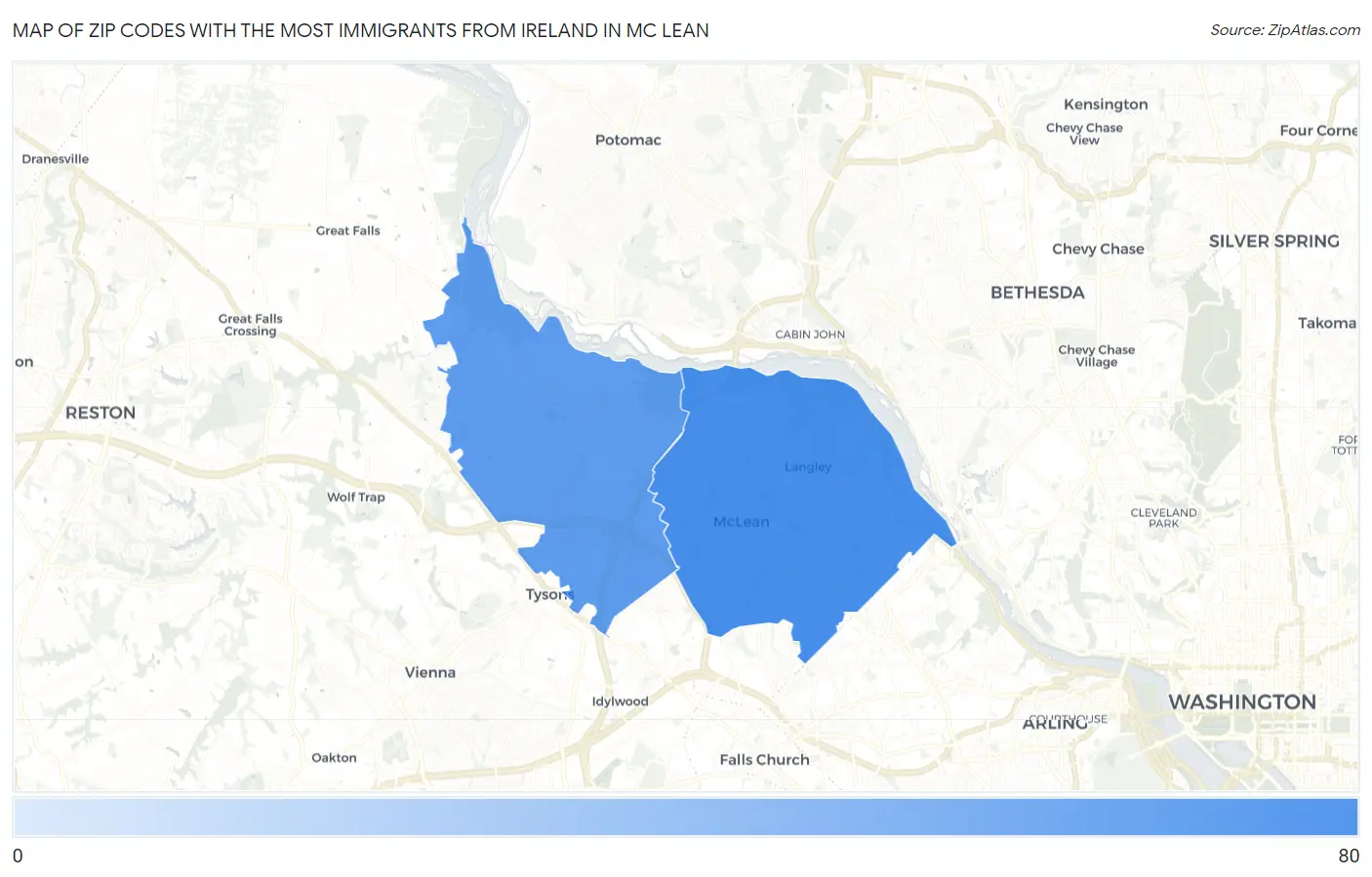 Zip Codes with the Most Immigrants from Ireland in Mc Lean Map