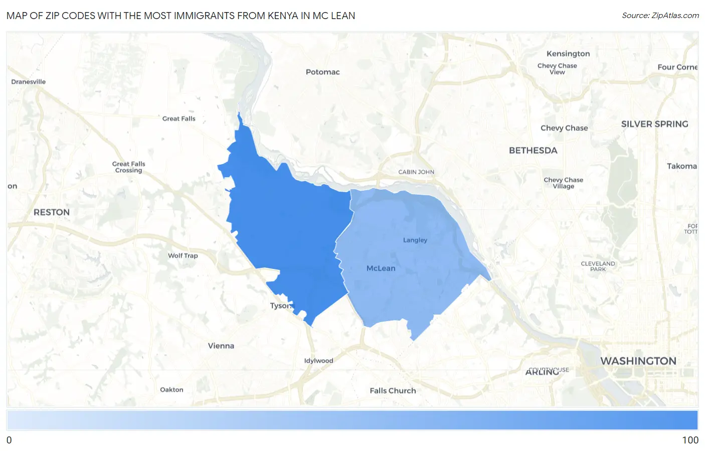 Zip Codes with the Most Immigrants from Kenya in Mc Lean Map