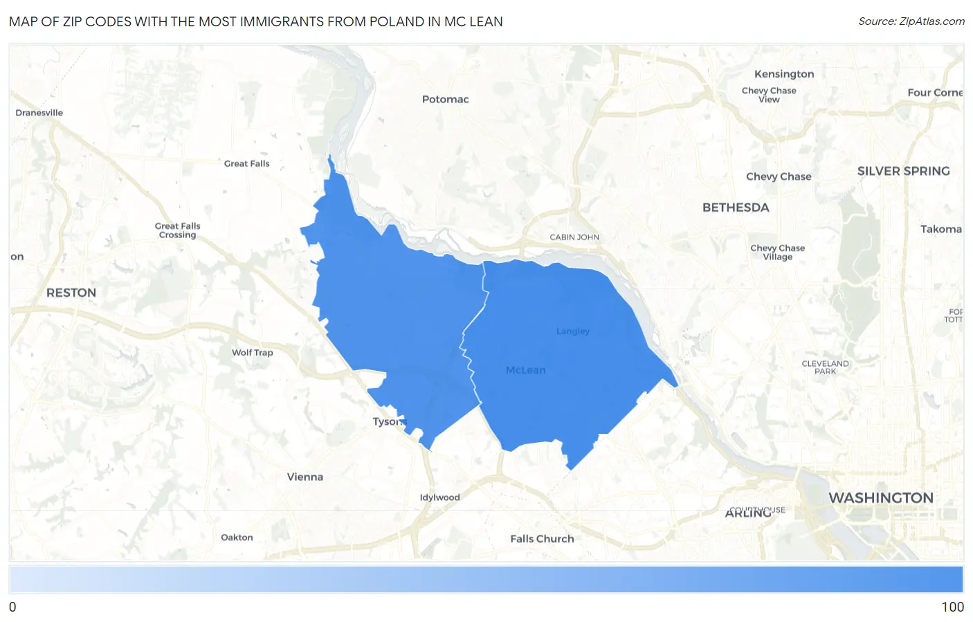 Zip Codes with the Most Immigrants from Poland in Mc Lean Map