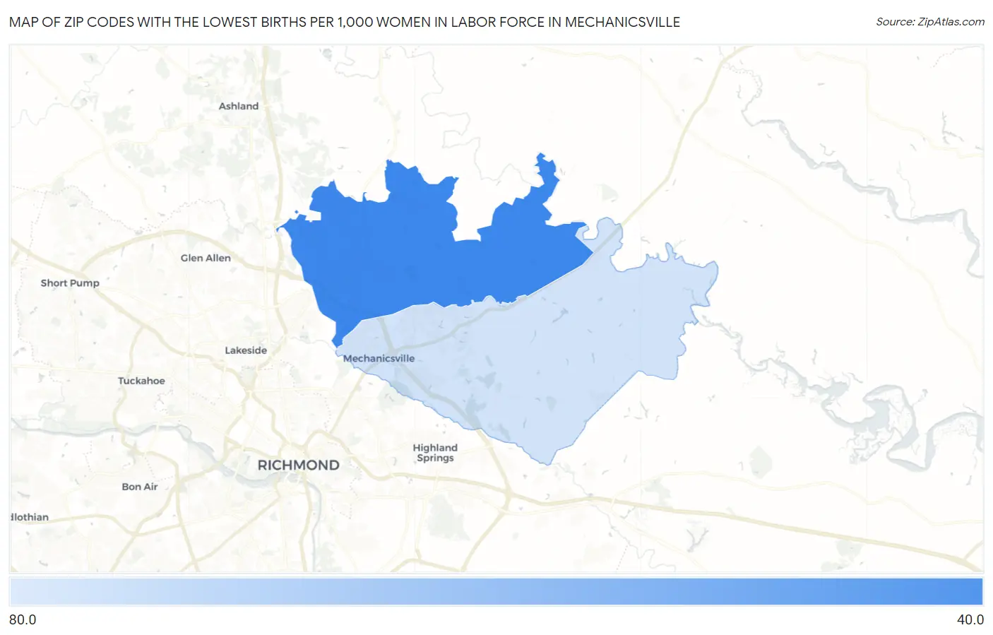 Zip Codes with the Lowest Births per 1,000 Women in Labor Force in Mechanicsville Map