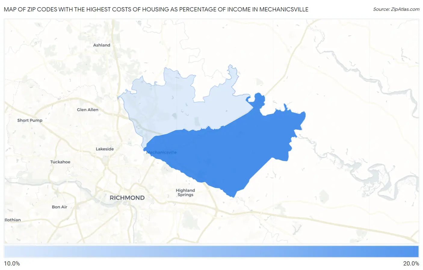 Zip Codes with the Highest Costs of Housing as Percentage of Income in Mechanicsville Map