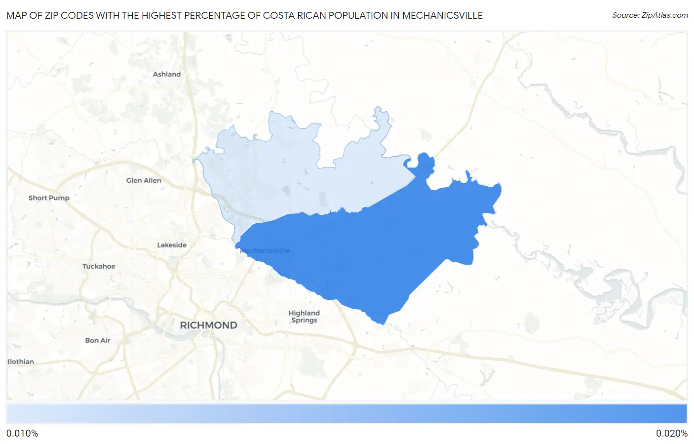 Zip Codes with the Highest Percentage of Costa Rican Population in Mechanicsville Map