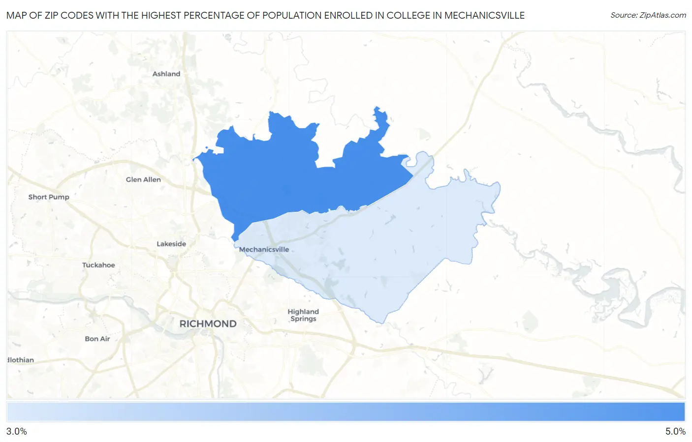 Zip Codes with the Highest Percentage of Population Enrolled in College in Mechanicsville Map