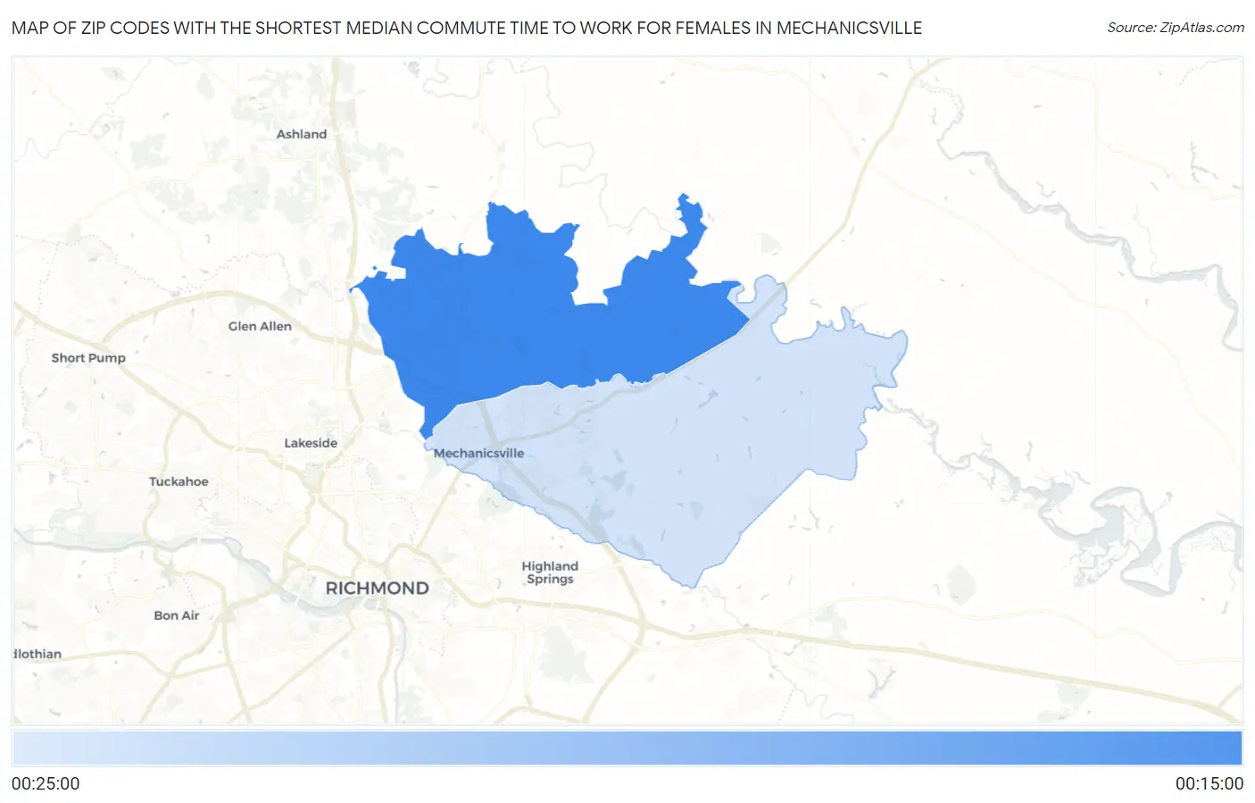 Zip Codes with the Shortest Median Commute Time to Work for Females in Mechanicsville Map