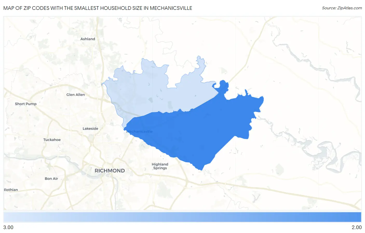 Zip Codes with the Smallest Household Size in Mechanicsville Map