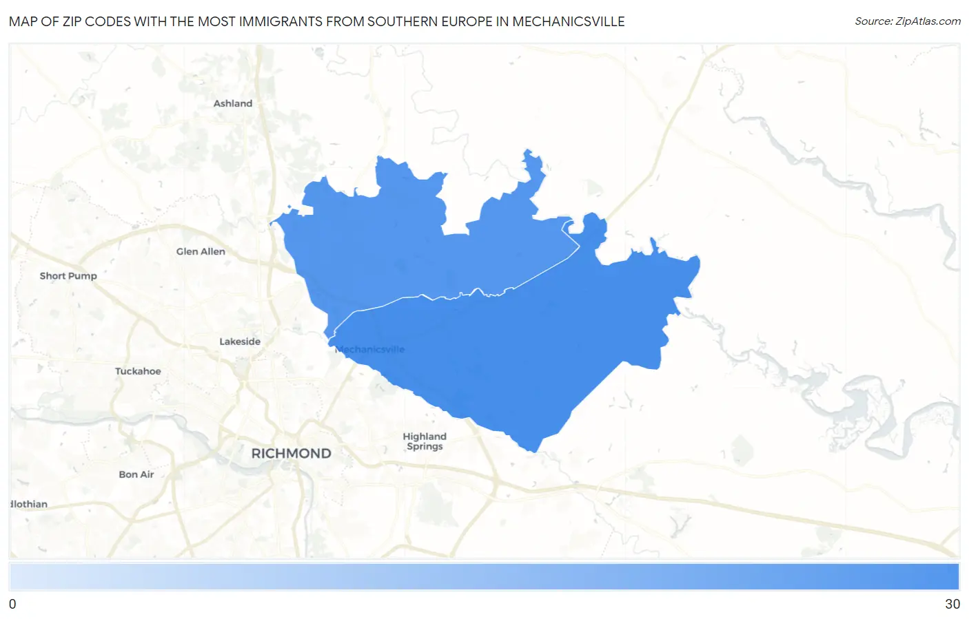 Zip Codes with the Most Immigrants from Southern Europe in Mechanicsville Map