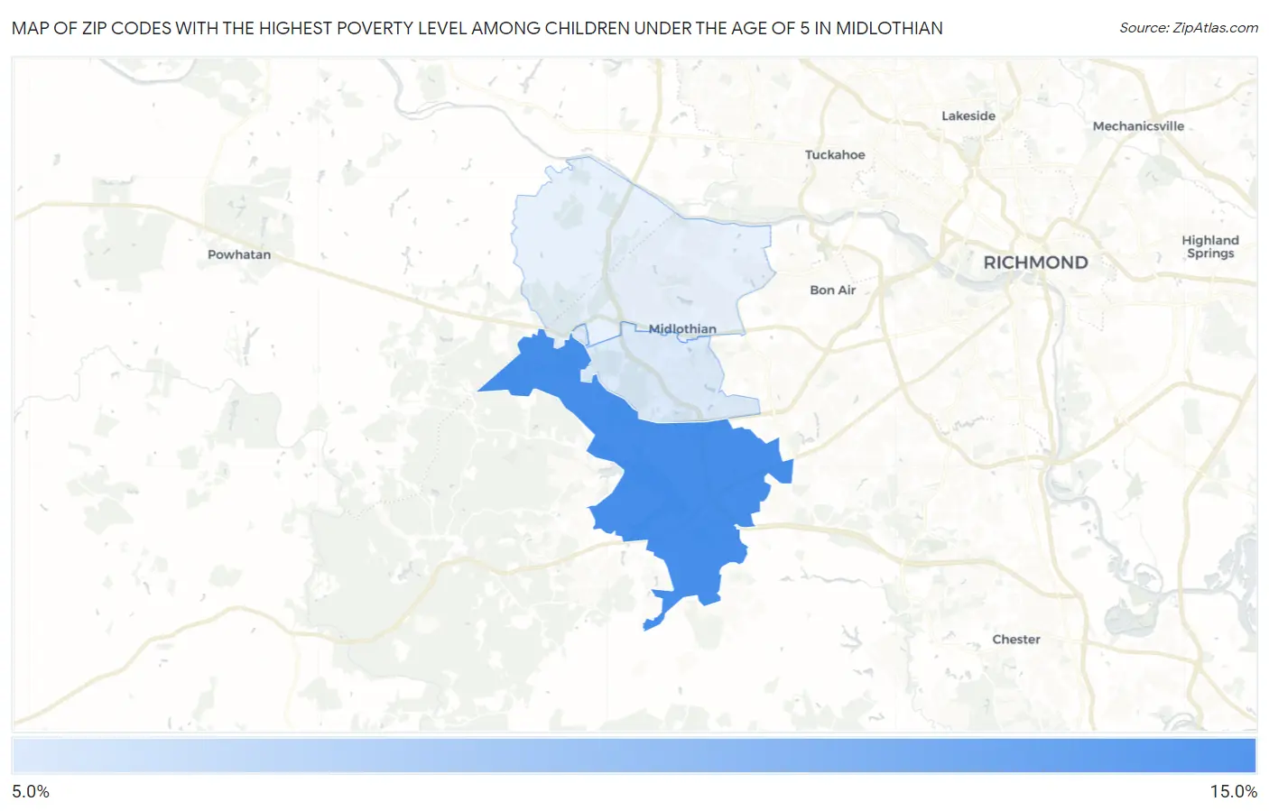 Zip Codes with the Highest Poverty Level Among Children Under the Age of 5 in Midlothian Map