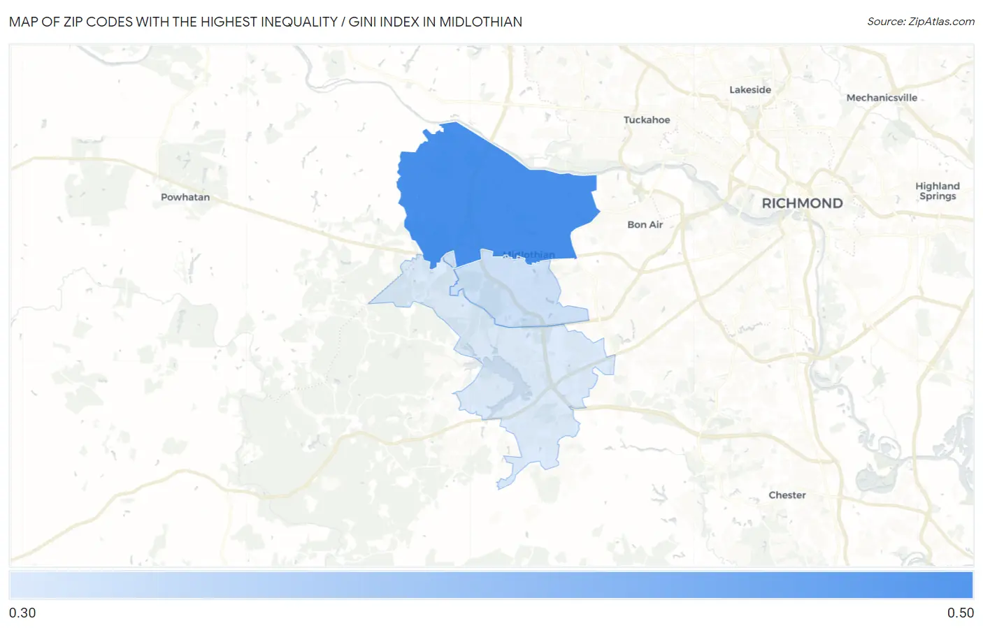 Zip Codes with the Highest Inequality / Gini Index in Midlothian Map