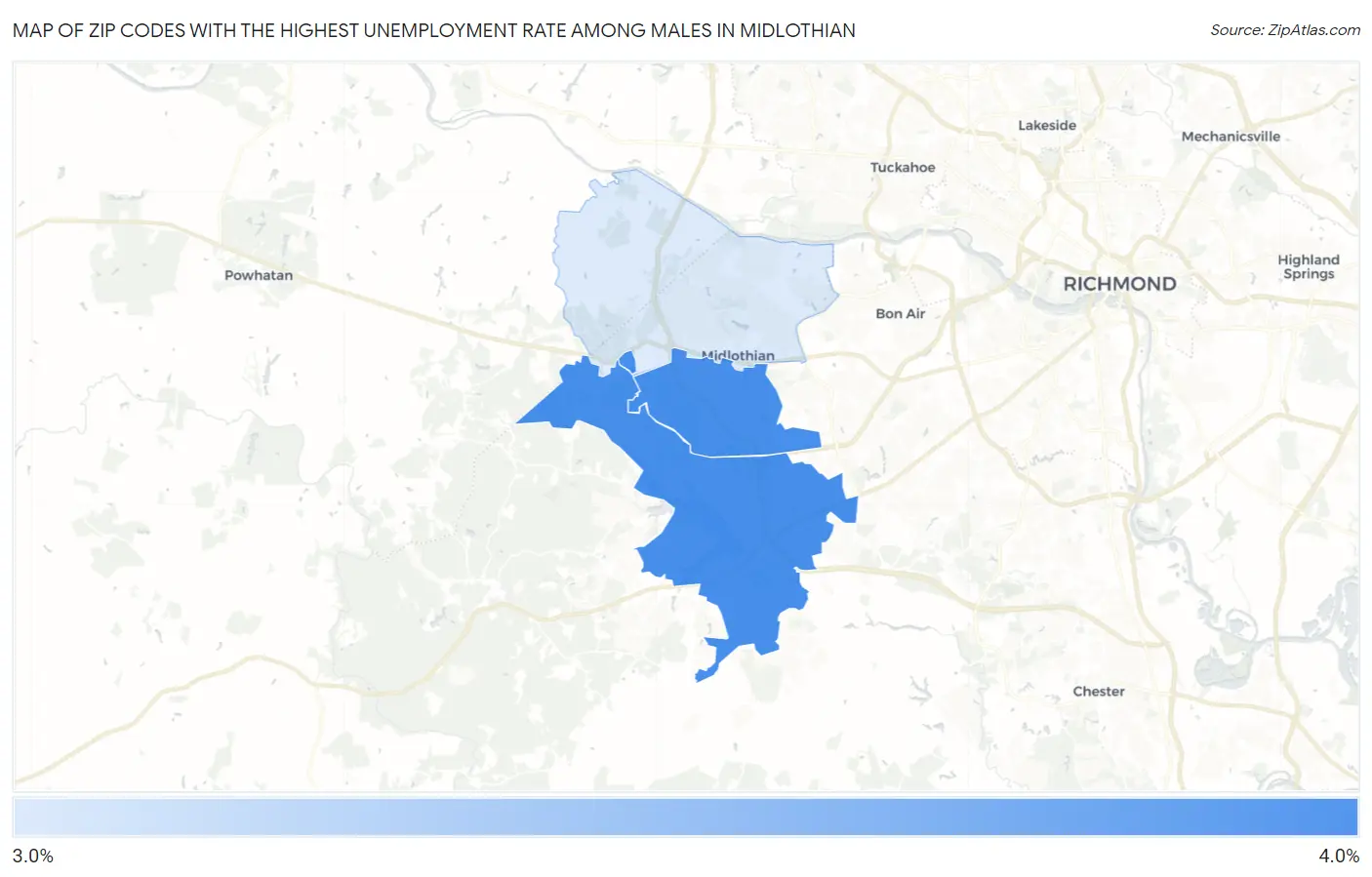 Zip Codes with the Highest Unemployment Rate Among Males in Midlothian Map