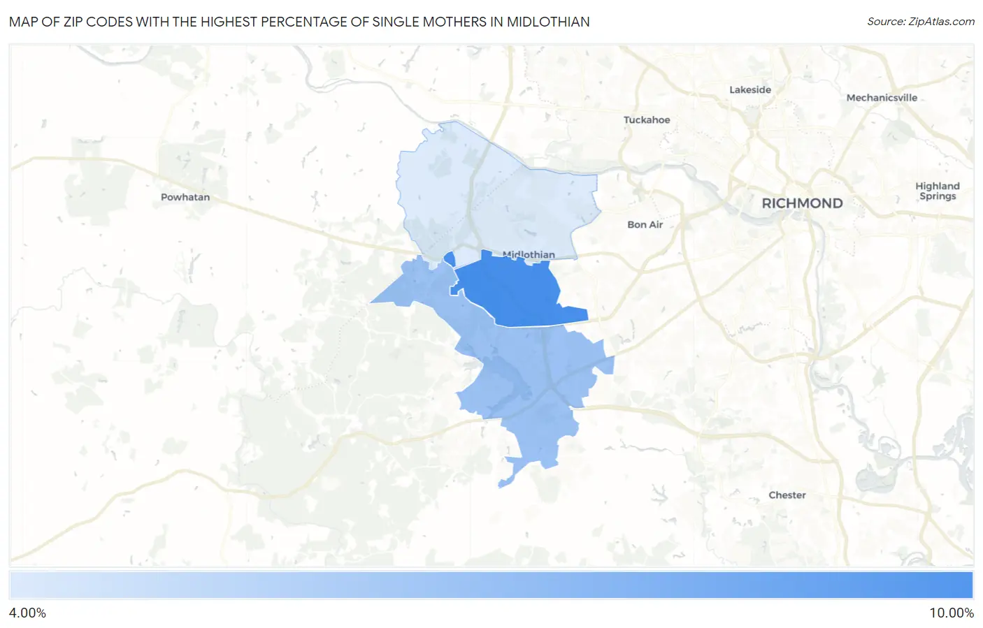 Zip Codes with the Highest Percentage of Single Mothers in Midlothian Map