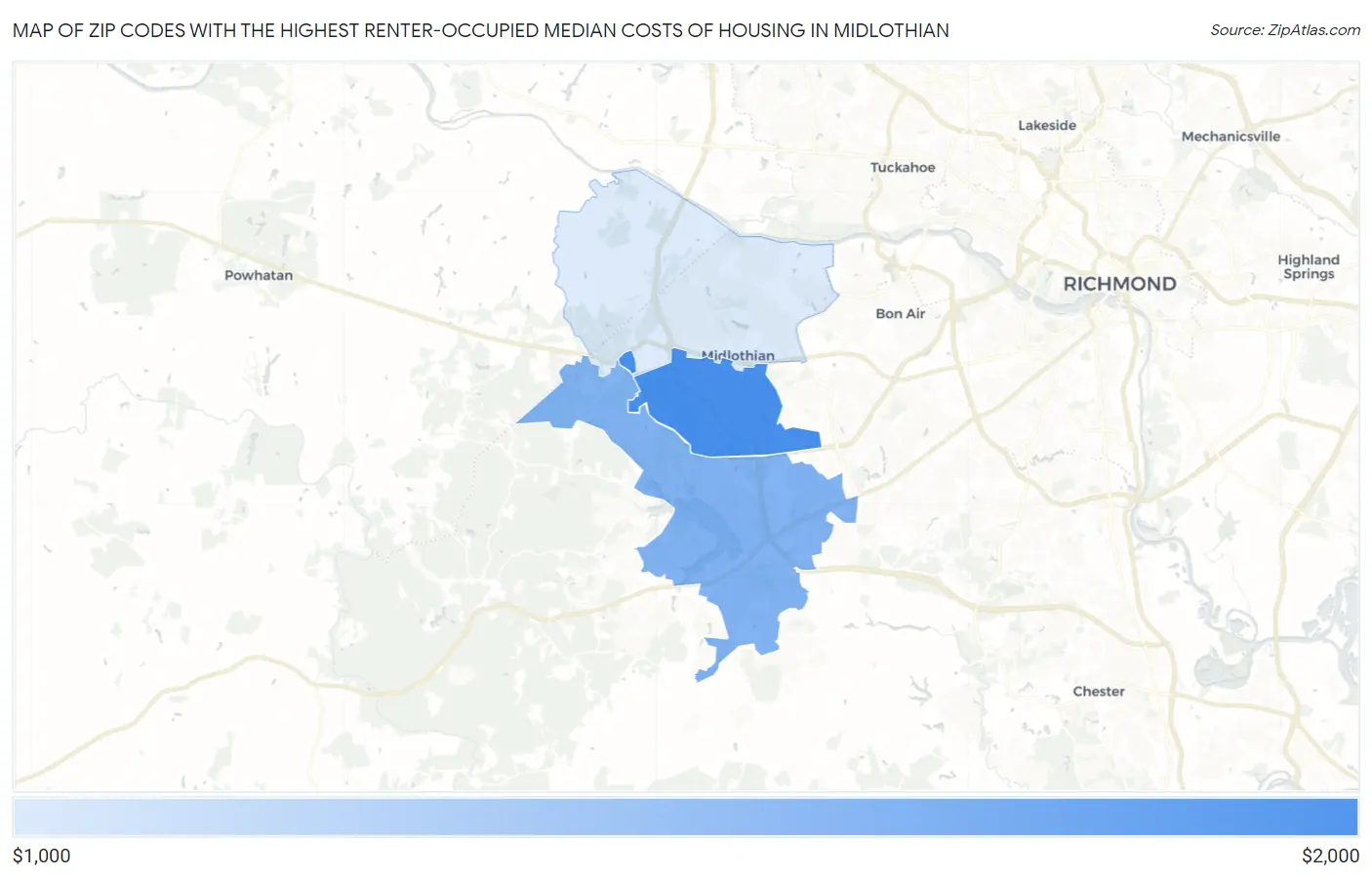 Zip Codes with the Highest Renter-Occupied Median Costs of Housing in Midlothian Map