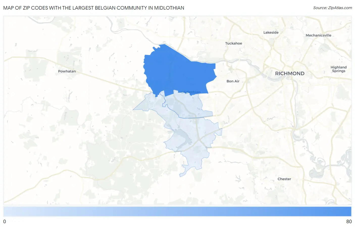 Zip Codes with the Largest Belgian Community in Midlothian Map