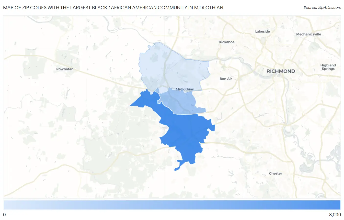 Zip Codes with the Largest Black / African American Community in Midlothian Map