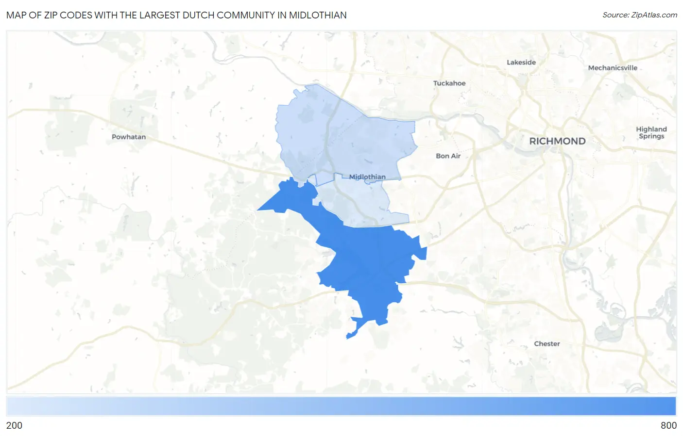 Zip Codes with the Largest Dutch Community in Midlothian Map