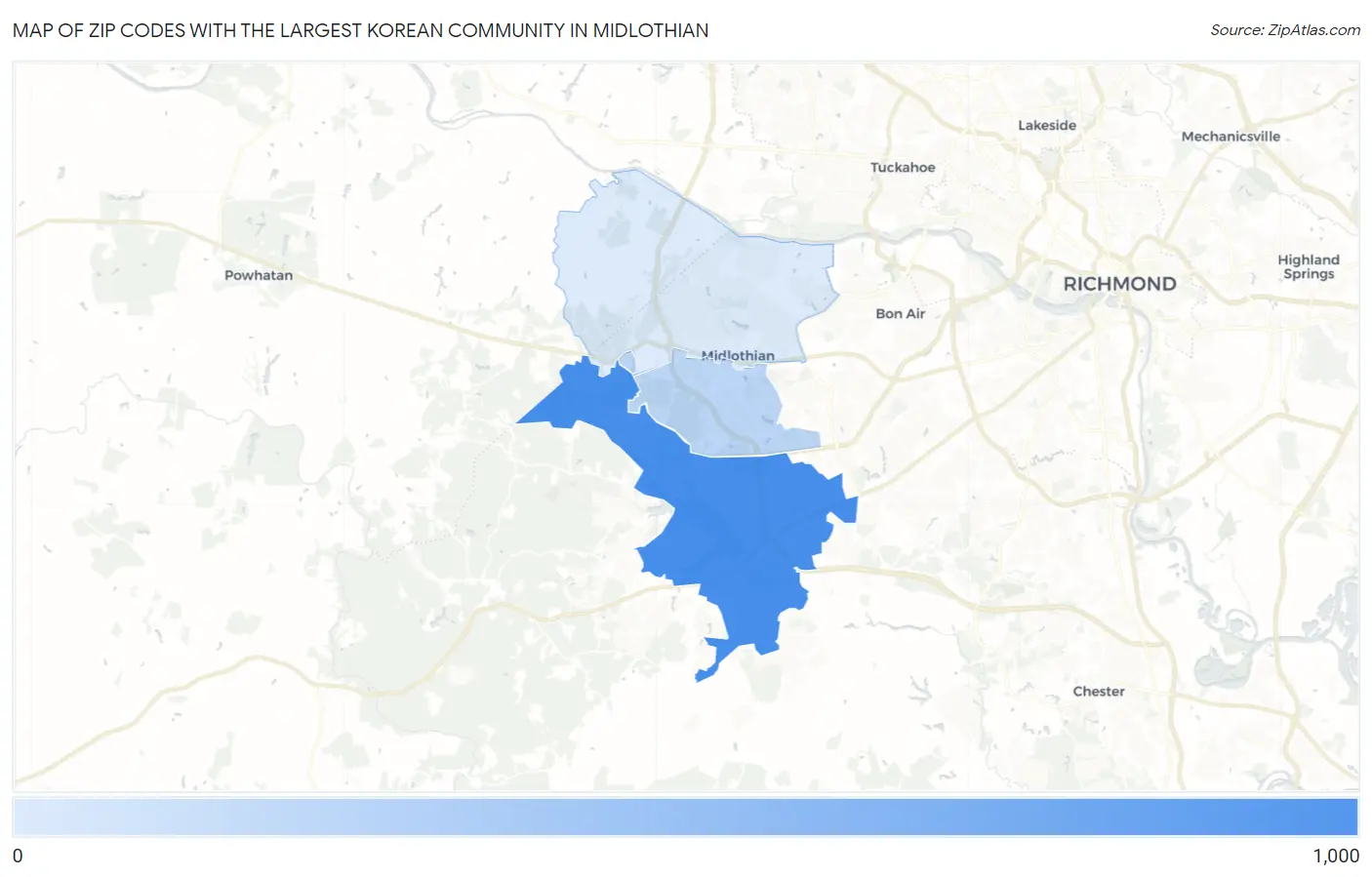 Zip Codes with the Largest Korean Community in Midlothian Map