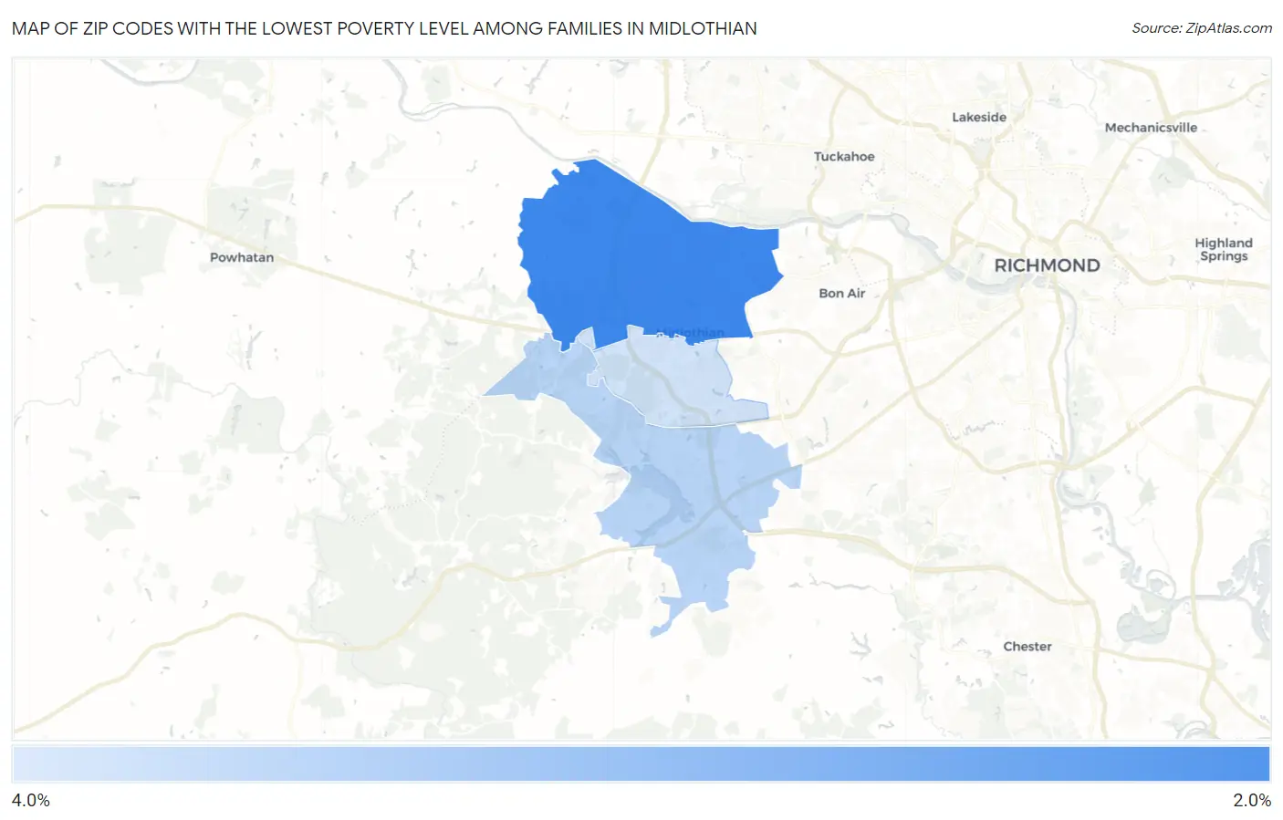Zip Codes with the Lowest Poverty Level Among Families in Midlothian Map