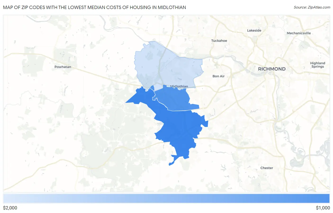Zip Codes with the Lowest Median Costs of Housing in Midlothian Map