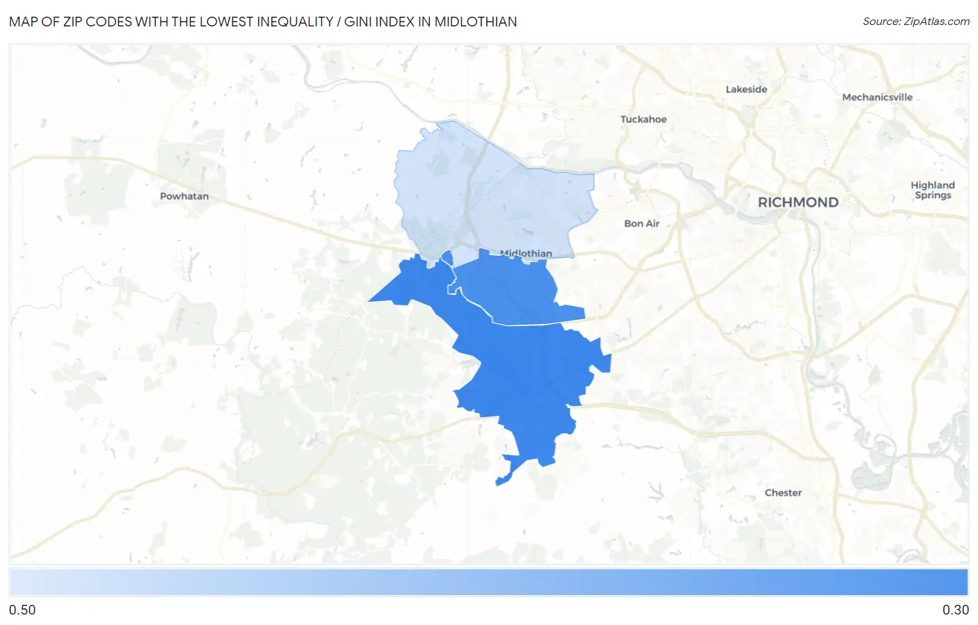 Zip Codes with the Lowest Inequality / Gini Index in Midlothian Map