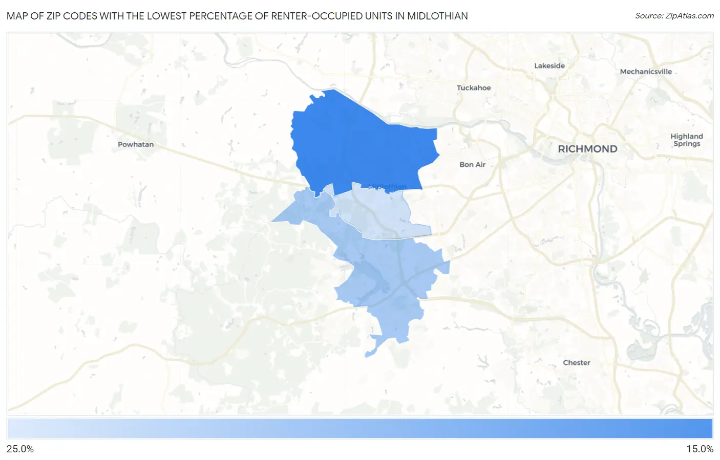 Zip Codes with the Lowest Percentage of Renter-Occupied Units in Midlothian Map