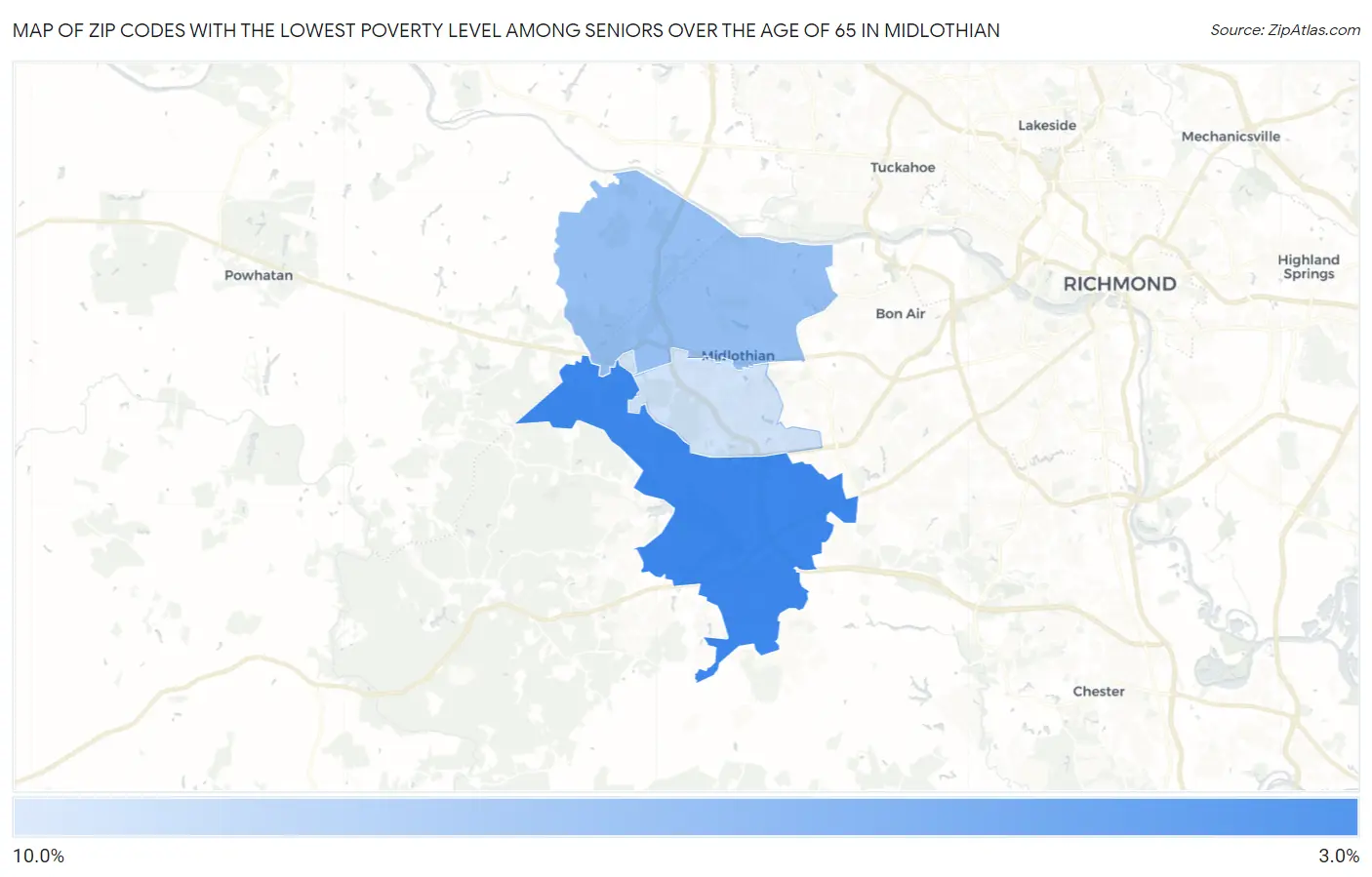 Zip Codes with the Lowest Poverty Level Among Seniors Over the Age of 65 in Midlothian Map