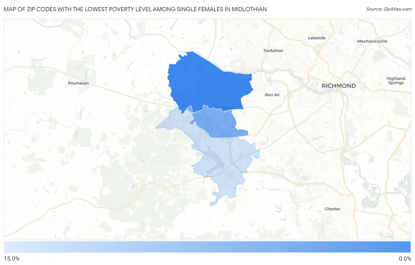 Zip Codes with the Lowest Poverty Level Among Single Females in Midlothian Map