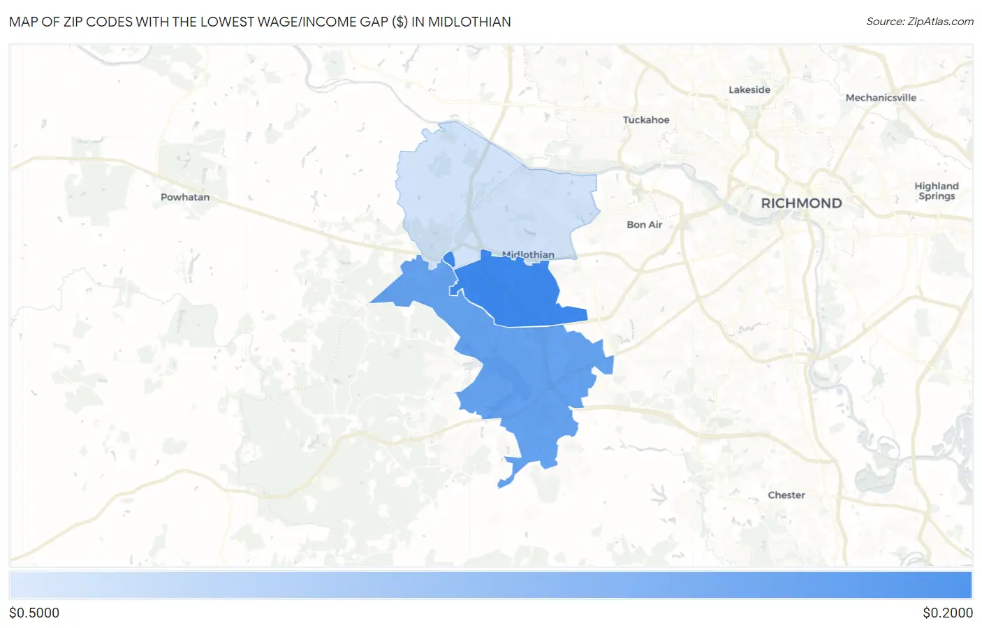 Zip Codes with the Lowest Wage/Income Gap ($) in Midlothian Map