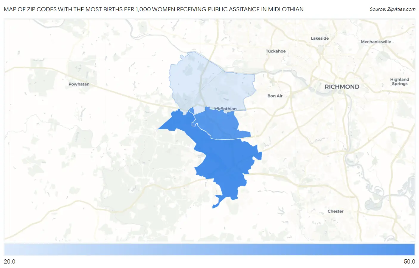 Zip Codes with the Most Births per 1,000 Women Receiving Public Assitance in Midlothian Map