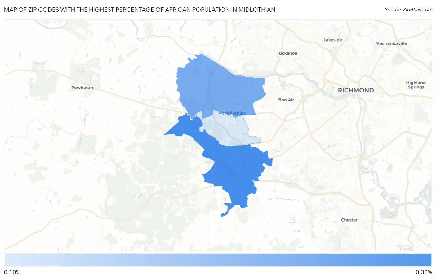 Zip Codes with the Highest Percentage of African Population in Midlothian Map