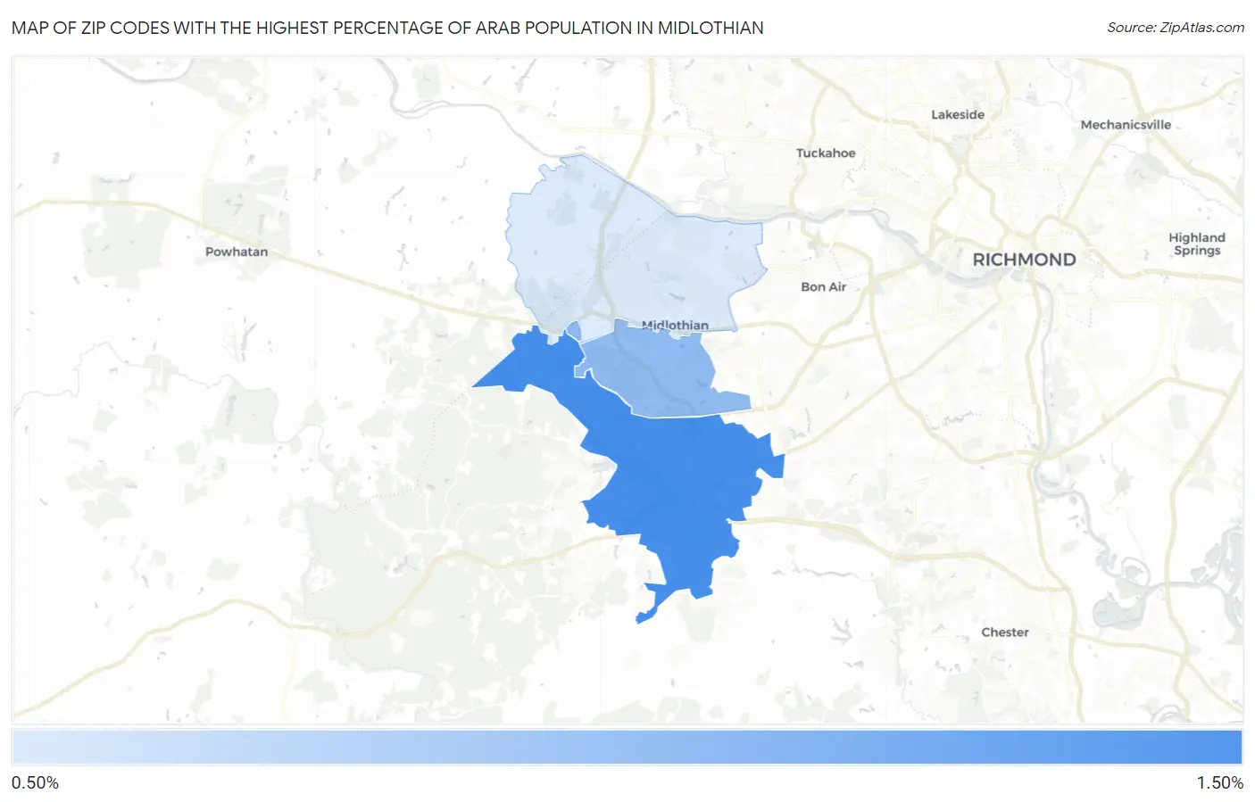 Zip Codes with the Highest Percentage of Arab Population in Midlothian Map