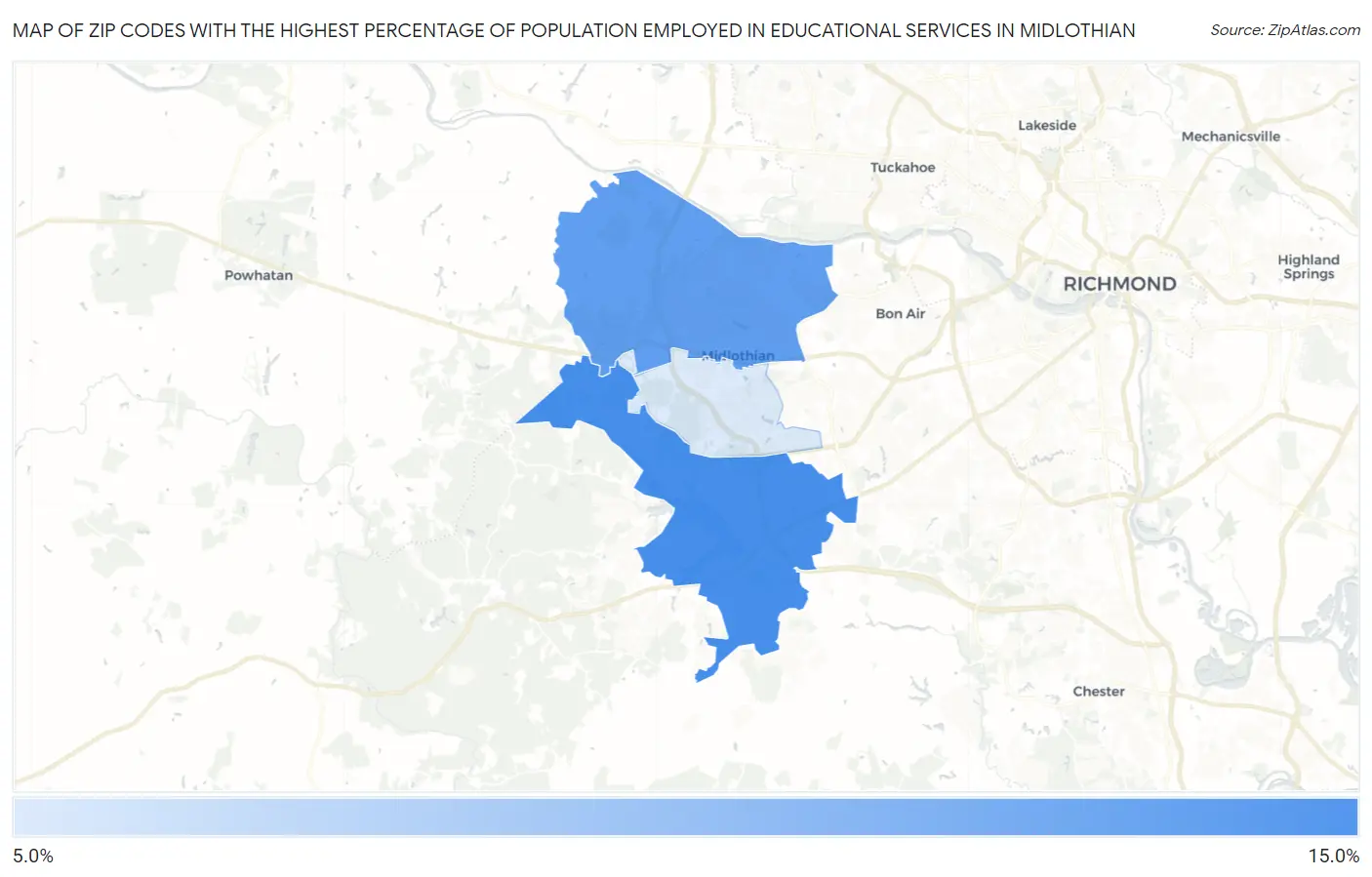 Zip Codes with the Highest Percentage of Population Employed in Educational Services in Midlothian Map