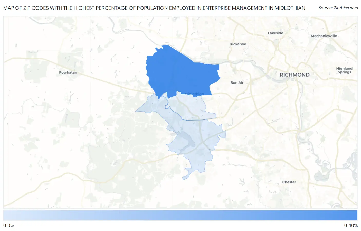 Zip Codes with the Highest Percentage of Population Employed in Enterprise Management in Midlothian Map