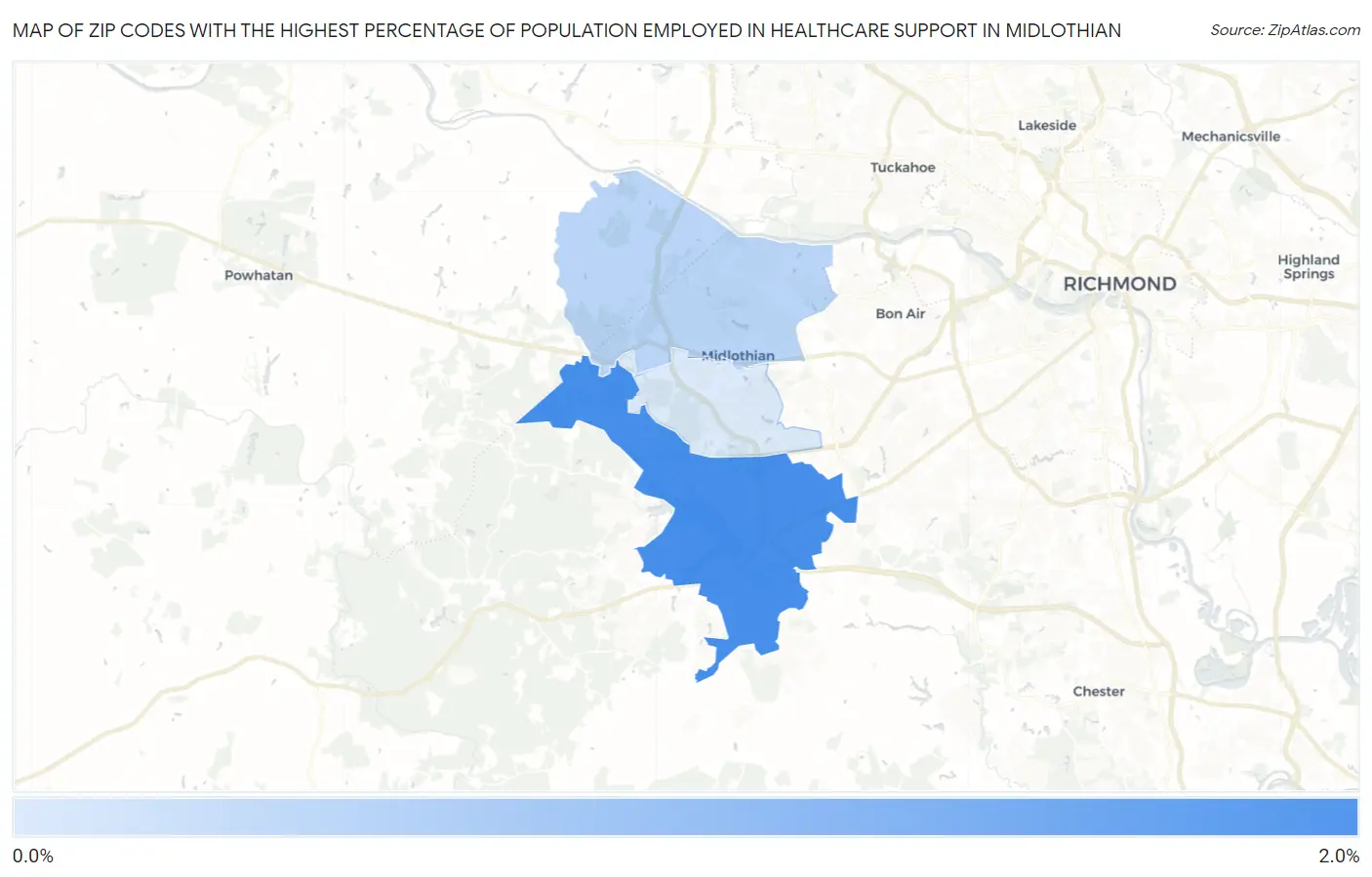 Zip Codes with the Highest Percentage of Population Employed in Healthcare Support in Midlothian Map