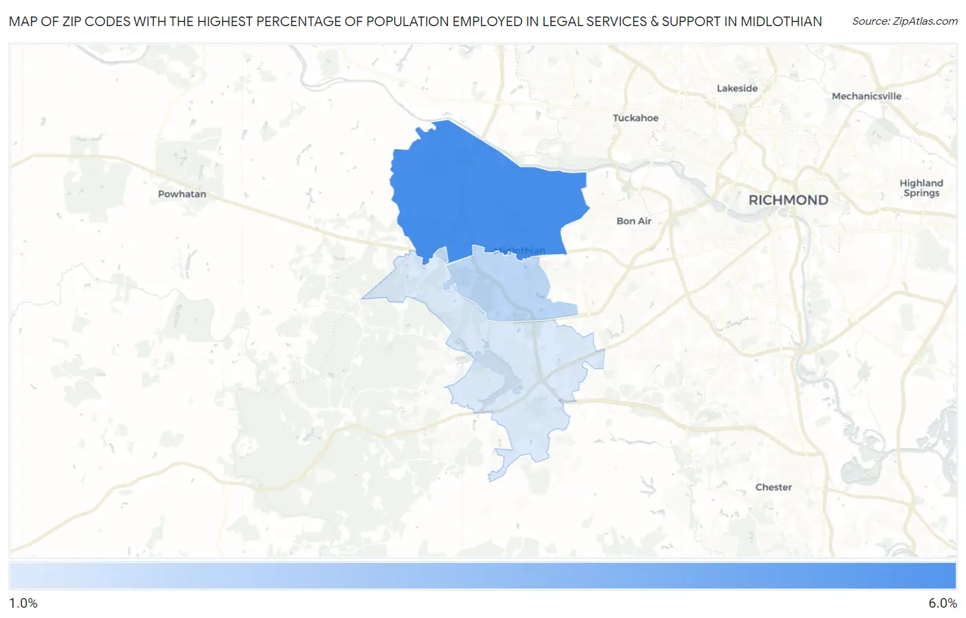 Zip Codes with the Highest Percentage of Population Employed in Legal Services & Support in Midlothian Map