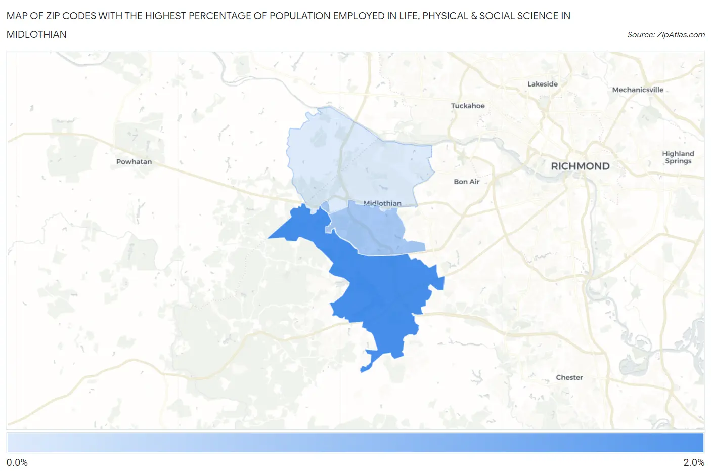 Zip Codes with the Highest Percentage of Population Employed in Life, Physical & Social Science in Midlothian Map