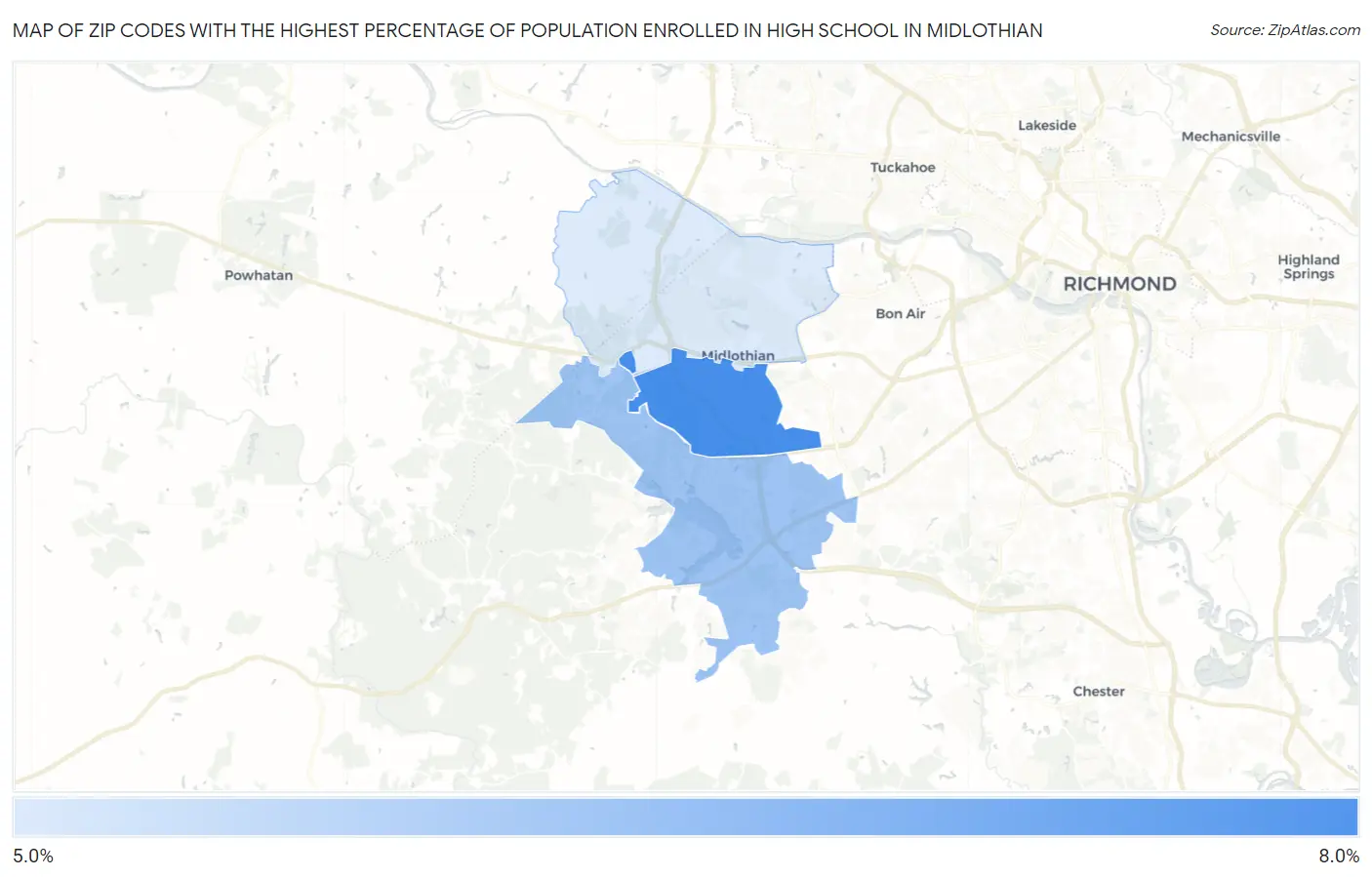 Zip Codes with the Highest Percentage of Population Enrolled in High School in Midlothian Map