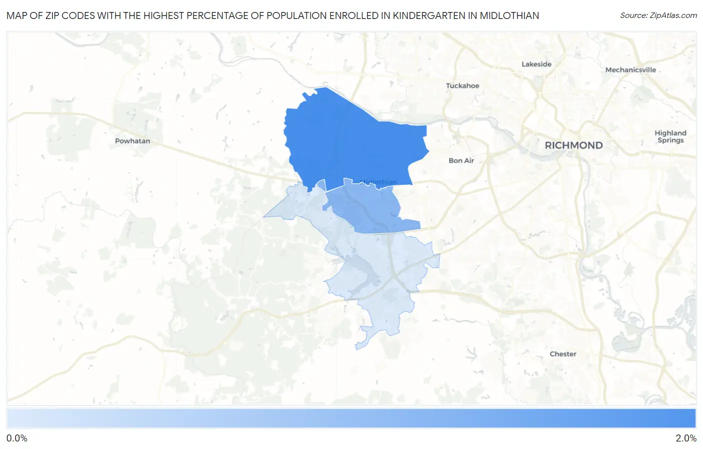 Zip Codes with the Highest Percentage of Population Enrolled in Kindergarten in Midlothian Map