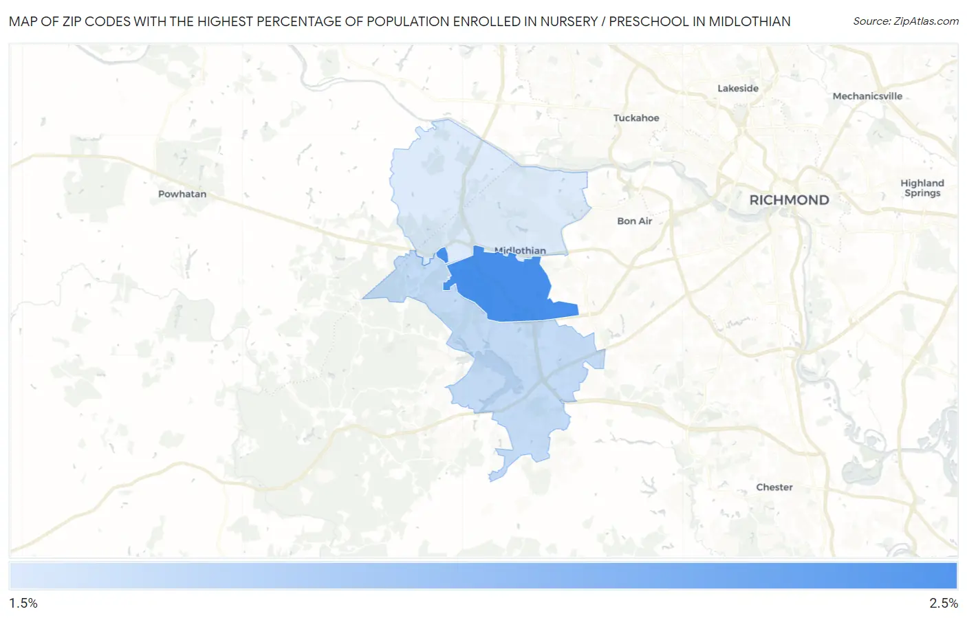 Zip Codes with the Highest Percentage of Population Enrolled in Nursery / Preschool in Midlothian Map