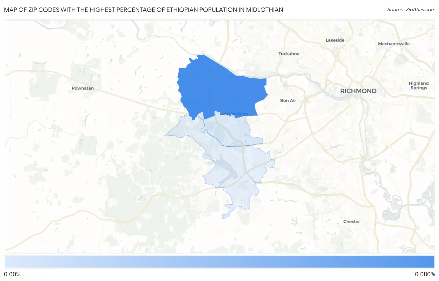 Zip Codes with the Highest Percentage of Ethiopian Population in Midlothian Map