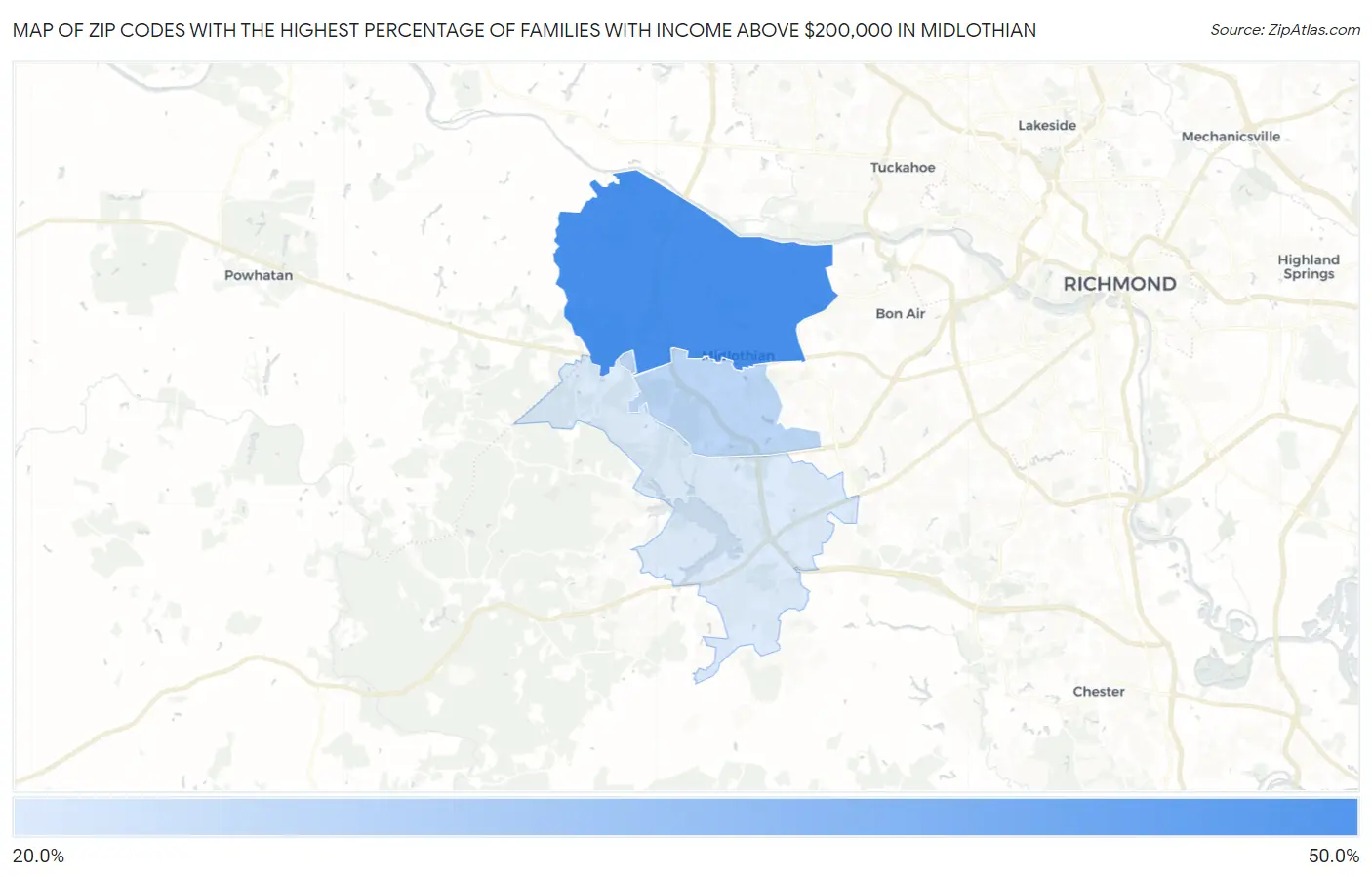 Zip Codes with the Highest Percentage of Families with Income Above $200,000 in Midlothian Map