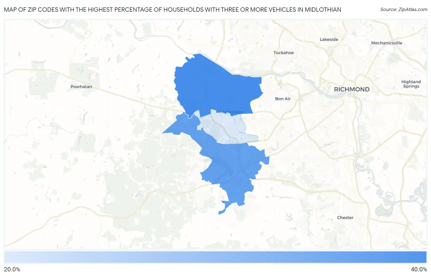 Zip Codes with the Highest Percentage of Households With Three or more Vehicles in Midlothian Map