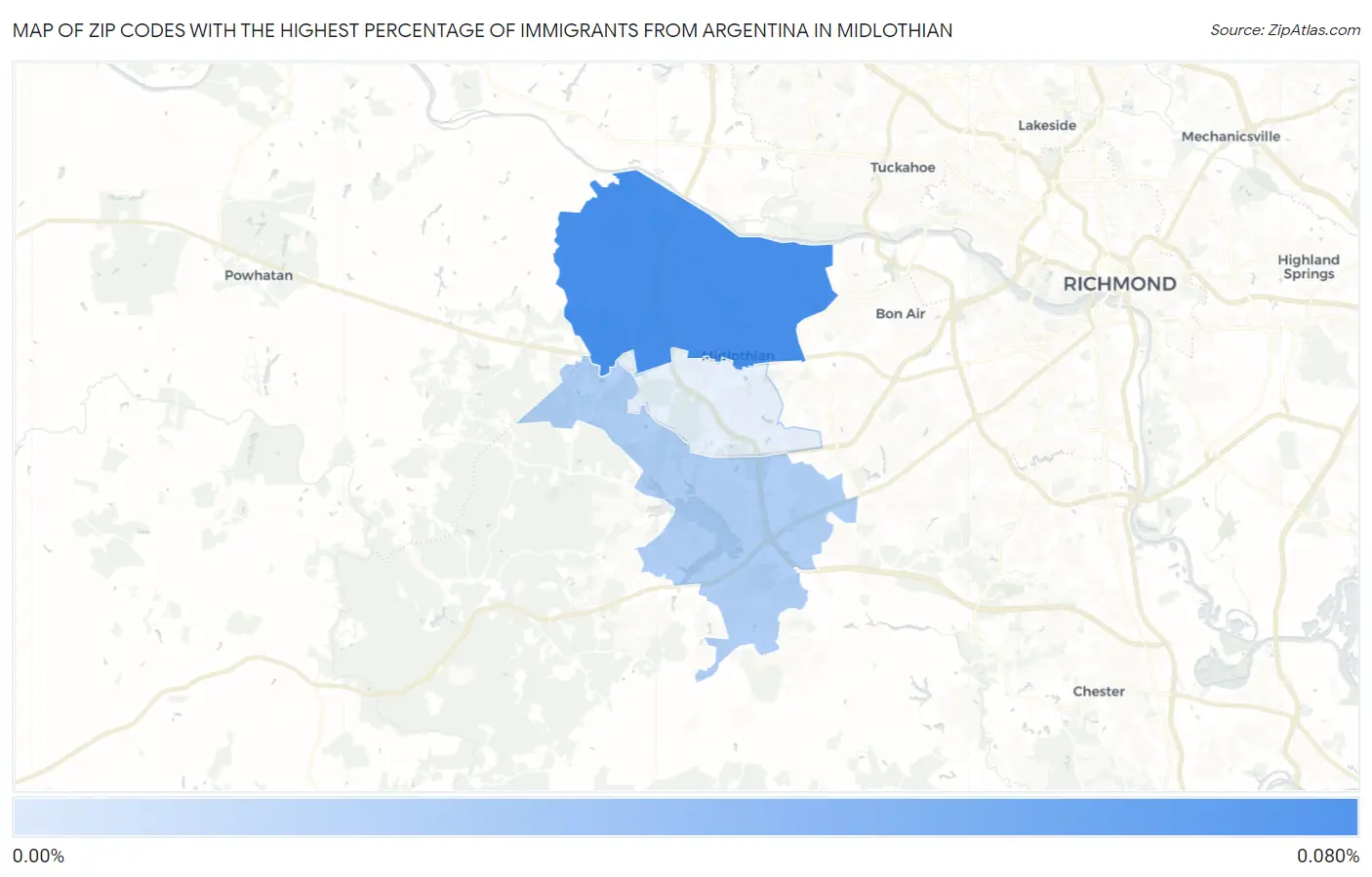 Zip Codes with the Highest Percentage of Immigrants from Argentina in Midlothian Map
