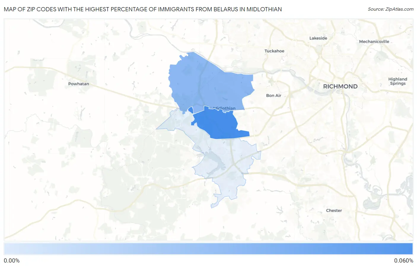 Zip Codes with the Highest Percentage of Immigrants from Belarus in Midlothian Map