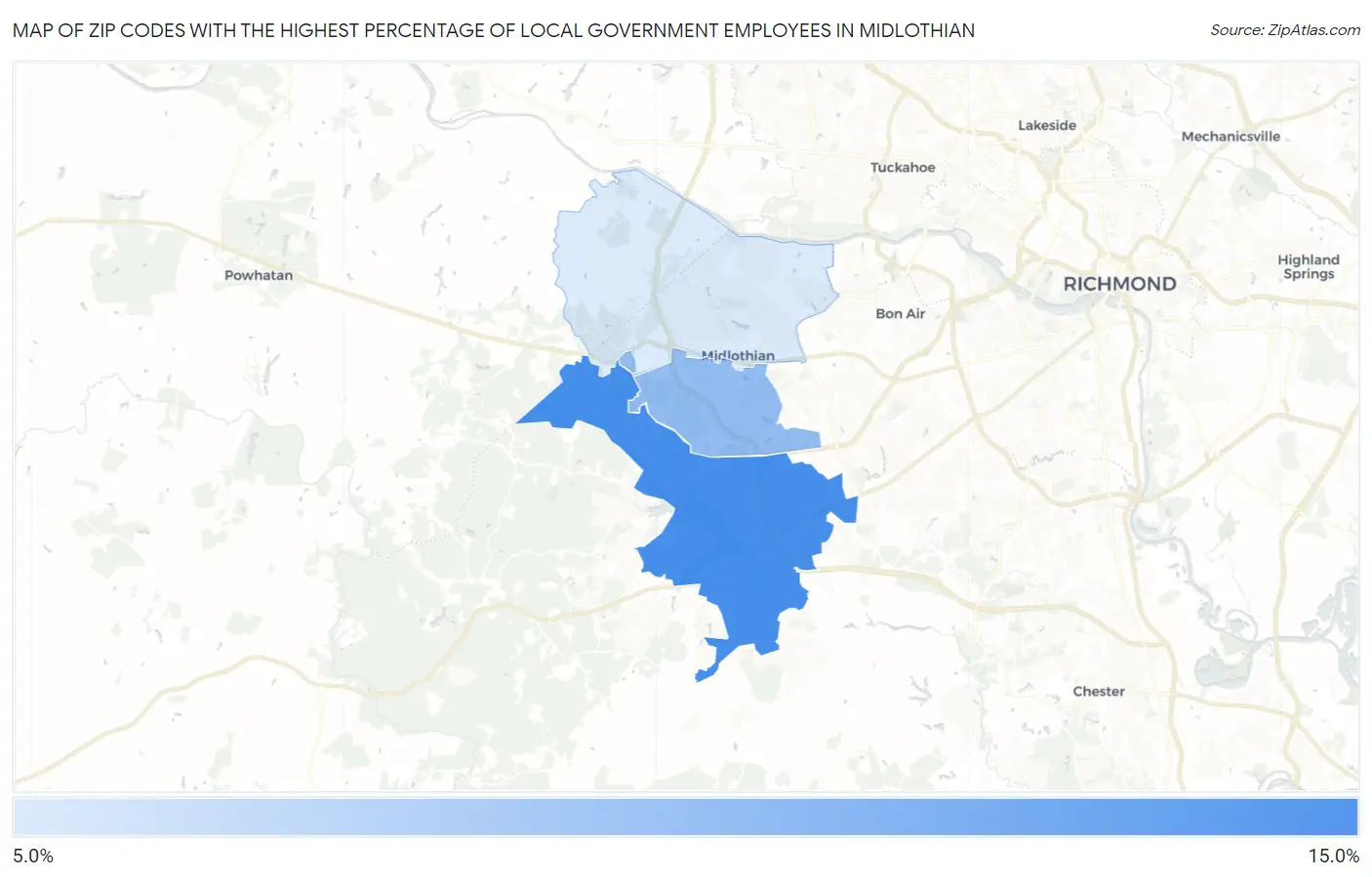 Zip Codes with the Highest Percentage of Local Government Employees in Midlothian Map